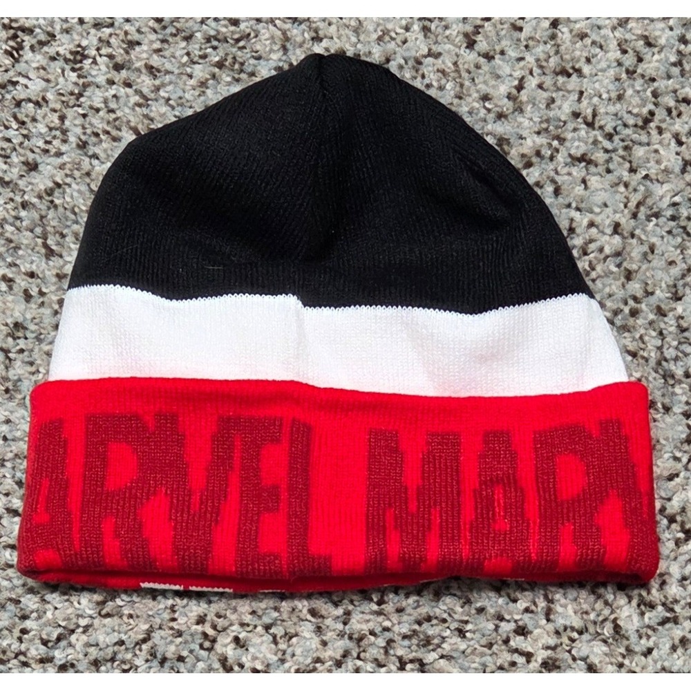 Marvel Beanie Hat Black White Red Logo One Size Kids - Picture 2 of 4
